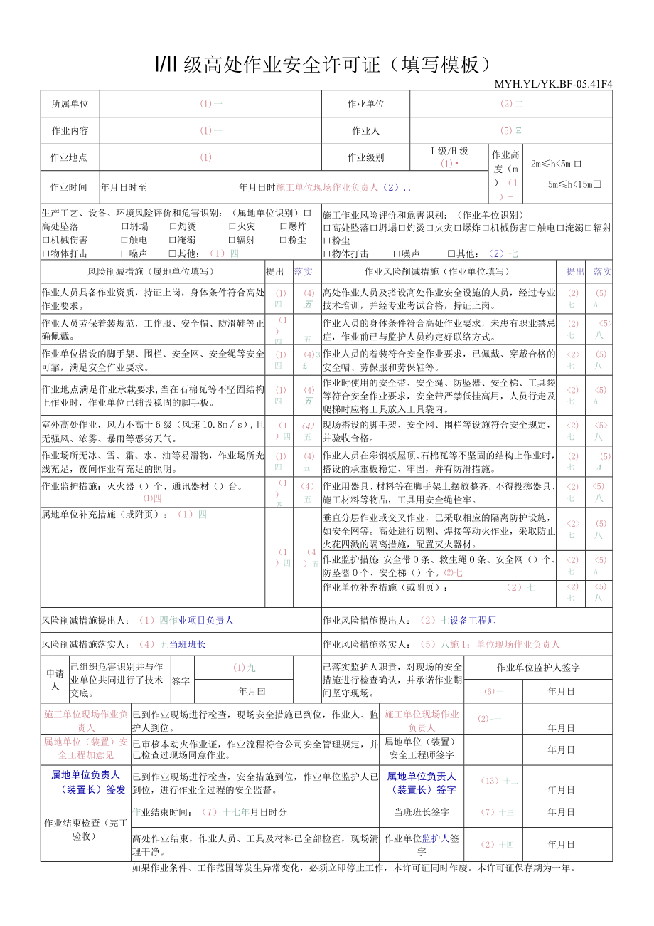 Ⅰ、Ⅱ级高处作业安全许可证填写模板-17.12.21.docx_第1页