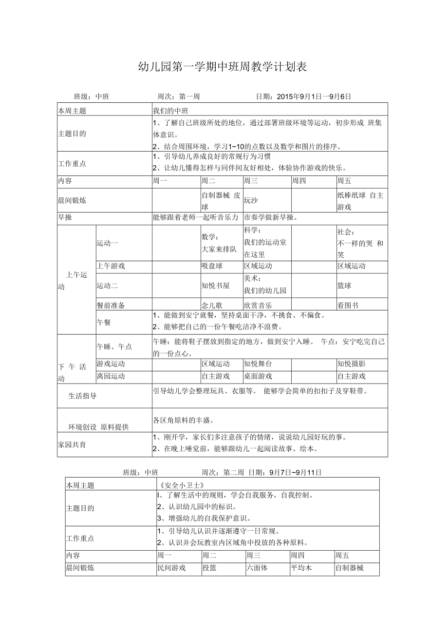 中班第一学期周教学计划周模板.docx_第1页