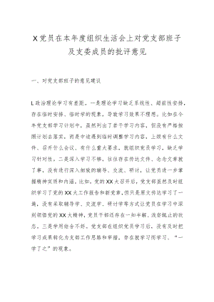 X党员在本年度组织生活会上对党支部班子及支委成员的批评意见.docx