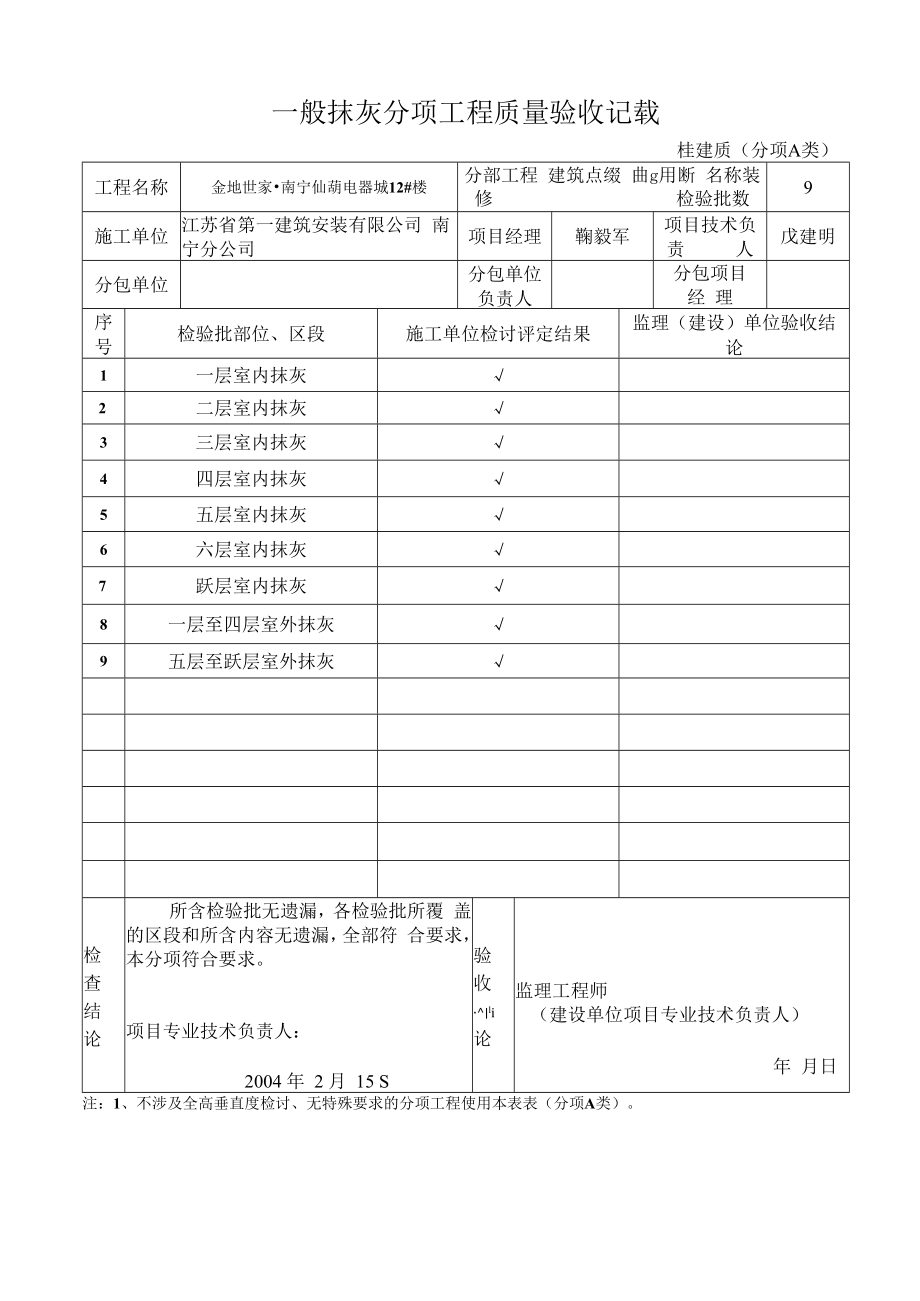 一般抹灰分项工程质量验收记录筑装饰装修.docx_第1页