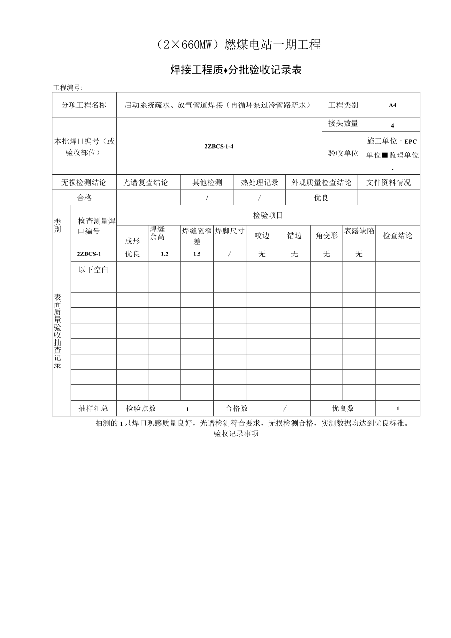 再循环泵过冷管路疏水分批验收记录样表（燃煤电站一期工程）.docx_第1页