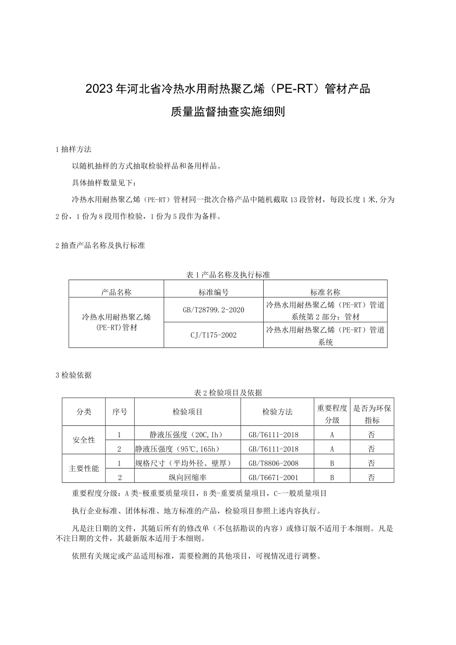 2023年河北省冷热水用耐热聚乙烯（PE-RT）管材产品质量监督抽查实施细则.docx_第1页