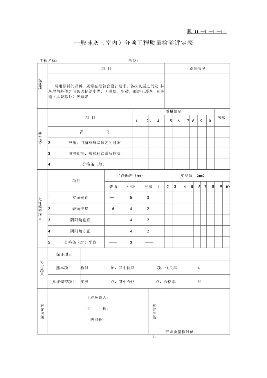 一般抹灰室内分项工程质量检验评定表.docx_第1页