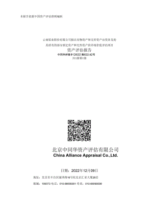 云铝股份：云南铝业股份有限公司拟以实物资产和无形资产出资涉及的其持有的部分固定资产和无形资产的市场价值评估项目资产评估报告（中同华评.docx