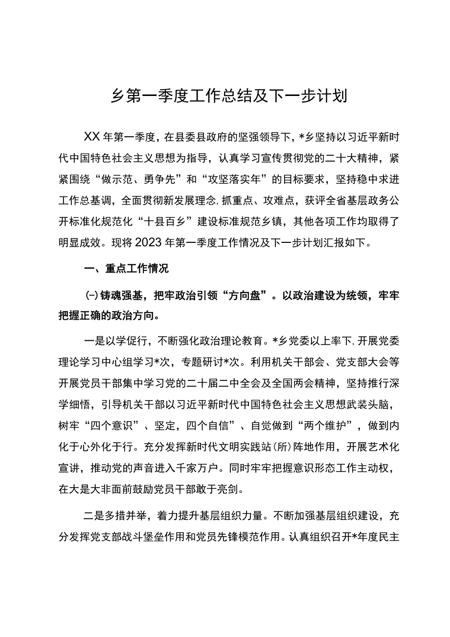 乡第一季度工作总结及下一步计划.docx_第1页