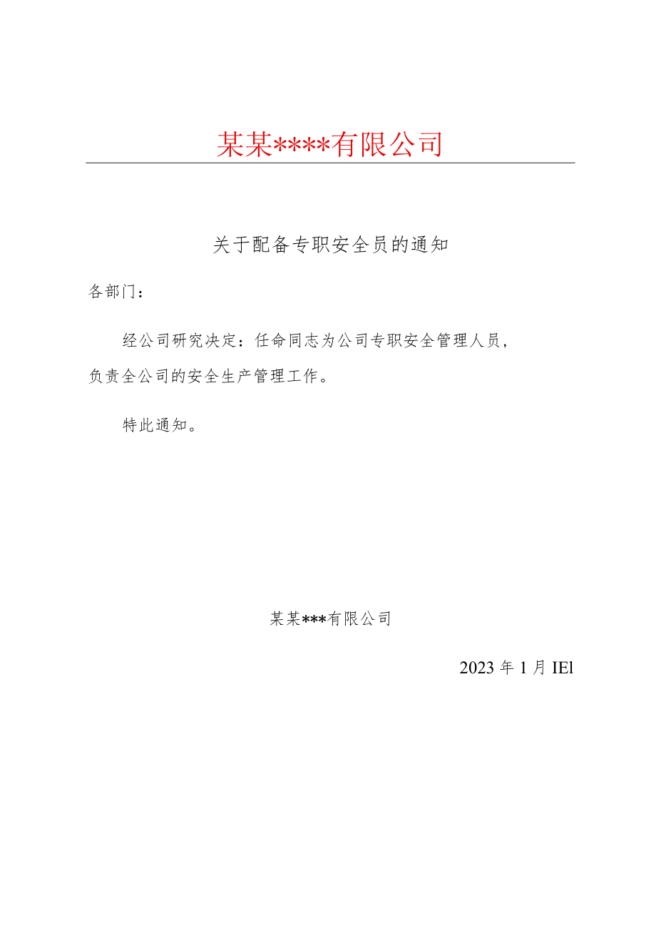 关于安全管理人员的任命书（填写人名）.docx_第1页