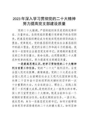 2023年党支部党课讲稿：深入学习贯彻党的二十大精神 努力提高党支部建设质量.docx