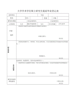 大学学术学位硕士研究生提前毕业登记表.docx