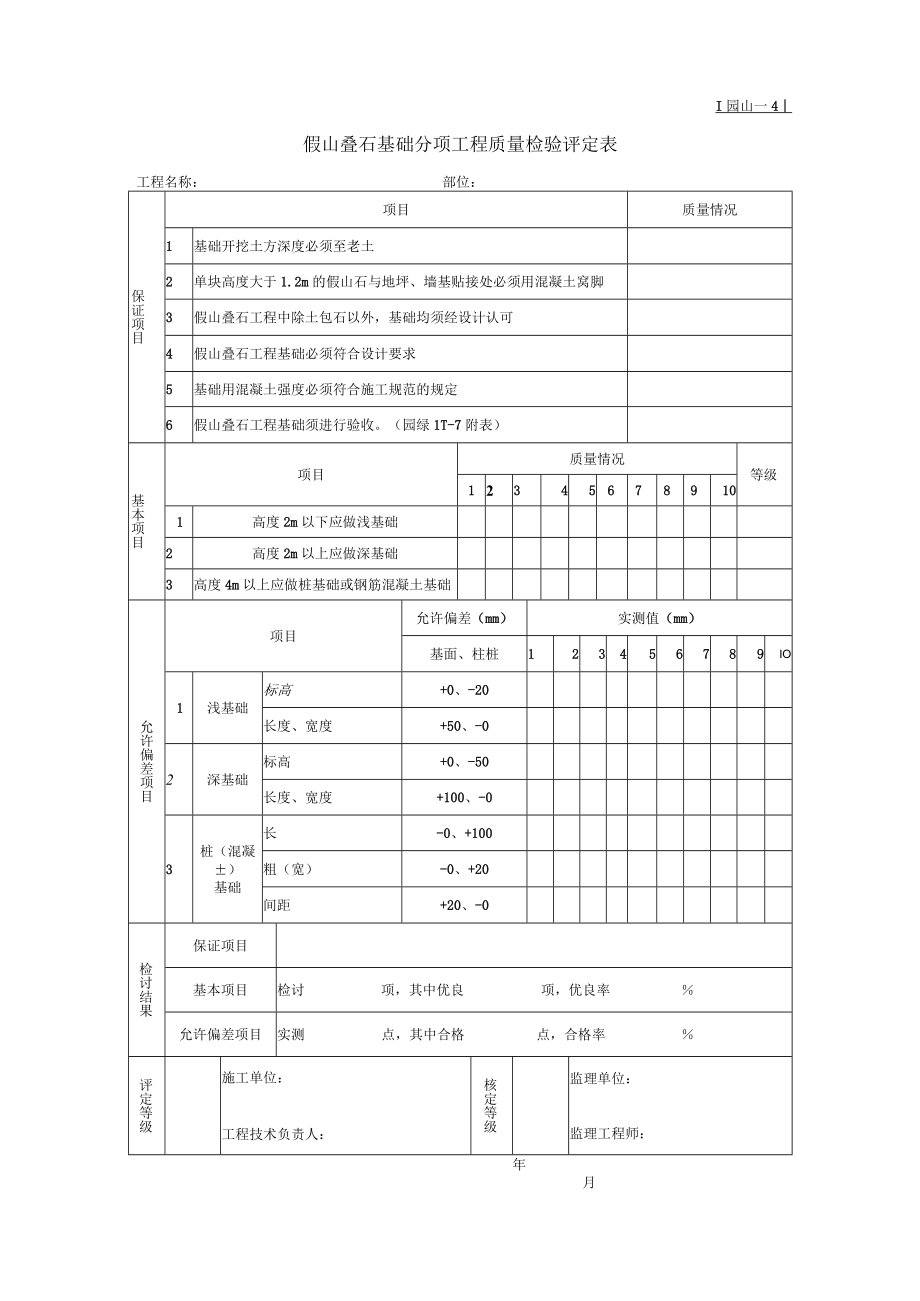 园山假山叠石基础分项工程质量检验评定表.docx_第1页