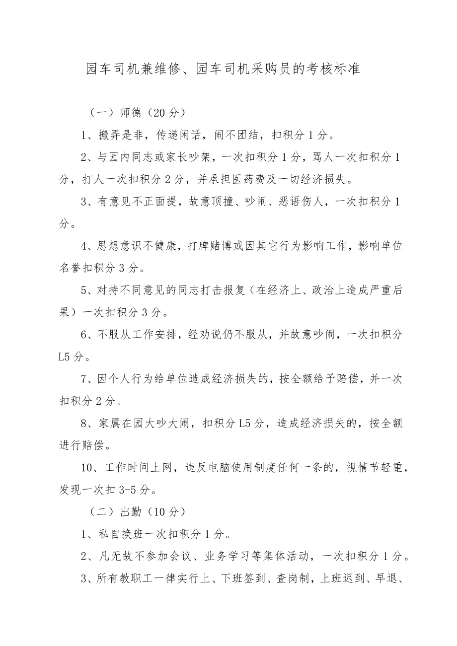 园车司机兼维修、园车司机采购员的考核标准.docx_第1页