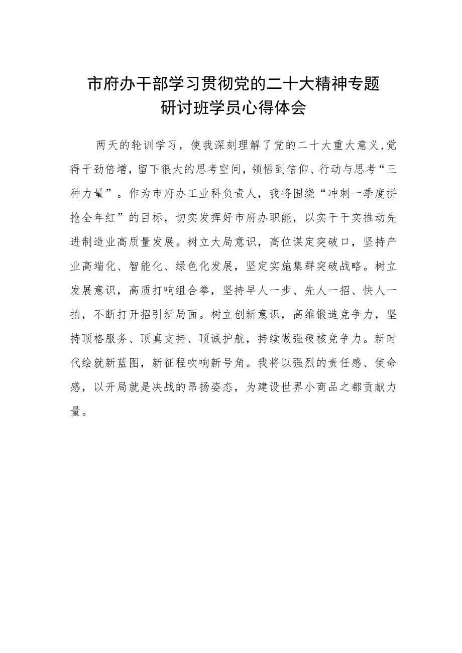 市府办干部学习贯彻党的二十大精神专题研讨班学员心得体会.docx_第1页