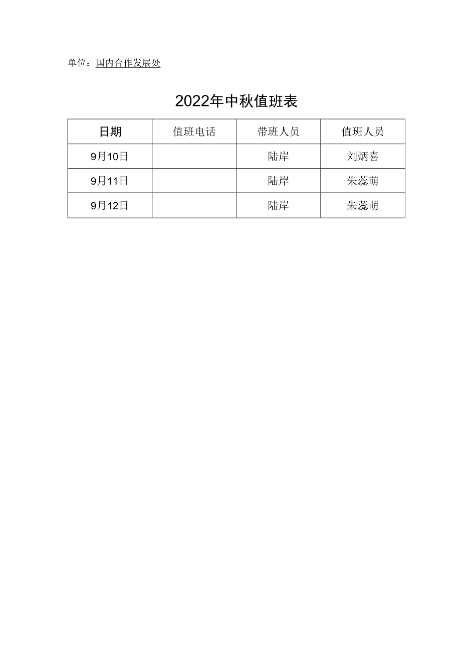 单位国内合作发展处2022年中秋值班表.docx_第1页