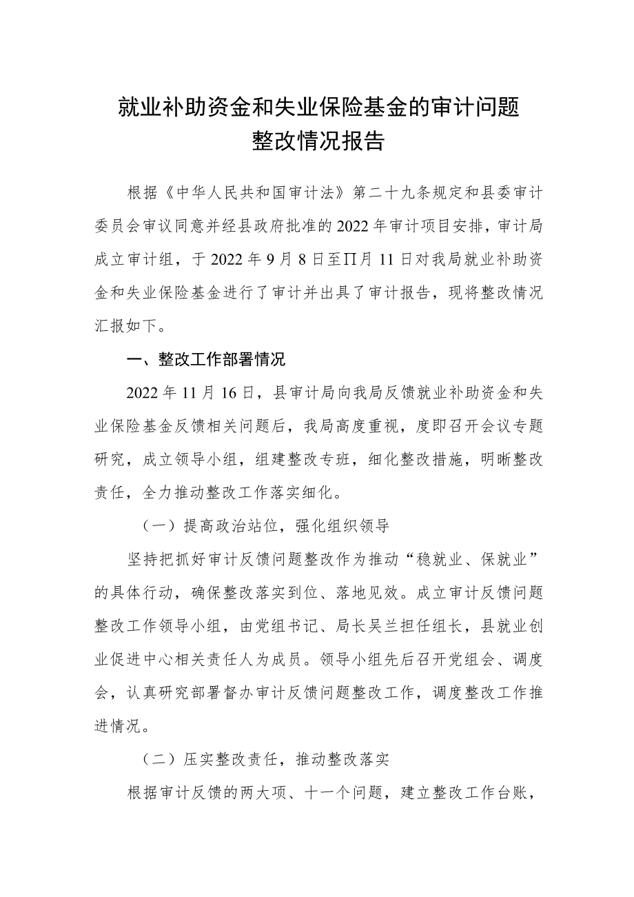 就业补助资金和失业保险基金的审计问题整改情况报告.docx_第1页