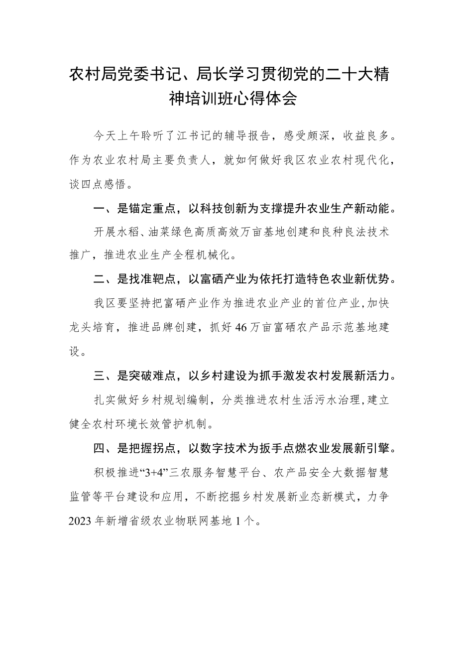 农村局党委书记、局长学习贯彻党的二十大精神培训班心得体会.docx_第1页