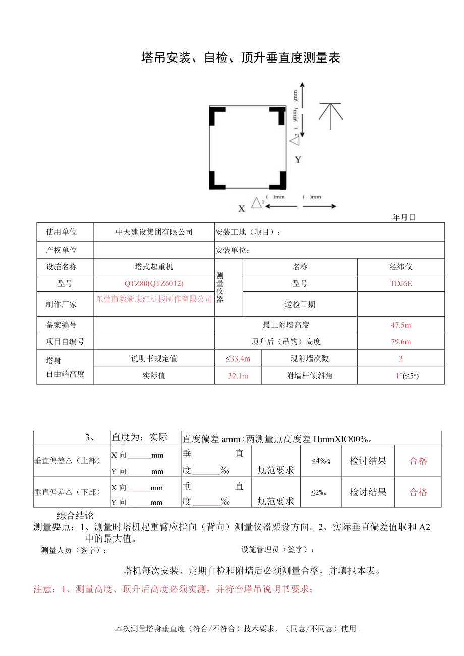 塔吊安装自检顶升垂直度测量表.docx_第1页