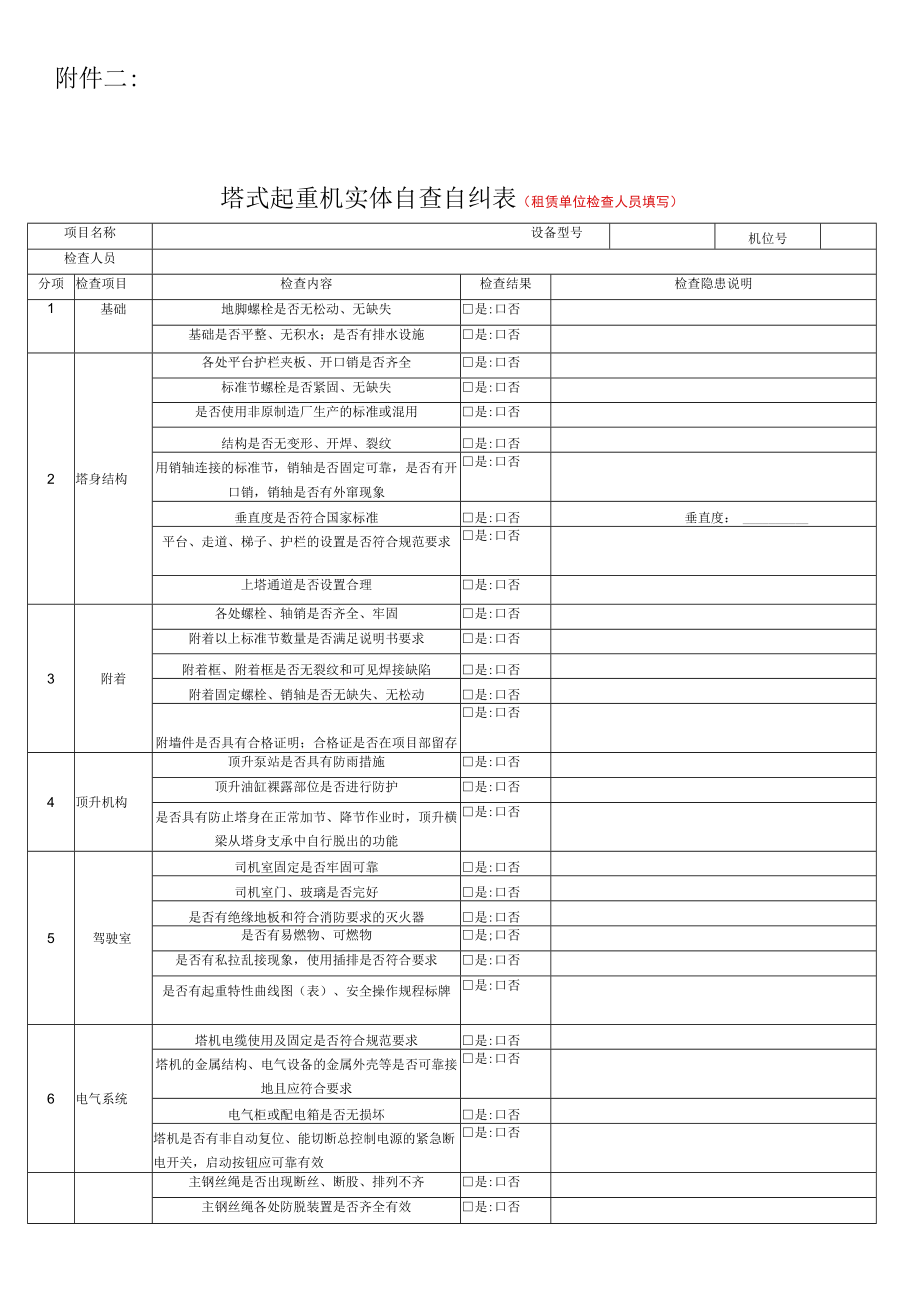 塔式起重机实体自查自纠表.docx_第1页