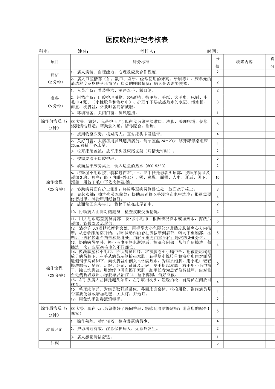 医院晚间护理考核表.docx_第1页