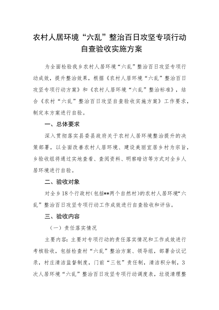 农村人居环境“六乱”整治百日攻坚专项行动自查验收实施方案.docx_第1页