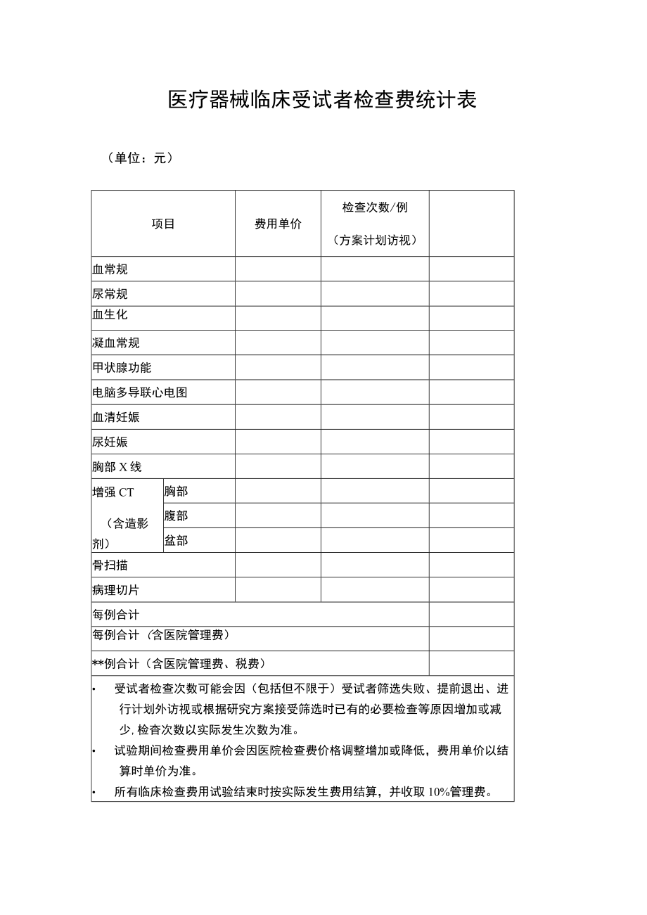 医疗器械临床受试者检查费统计表.docx_第1页