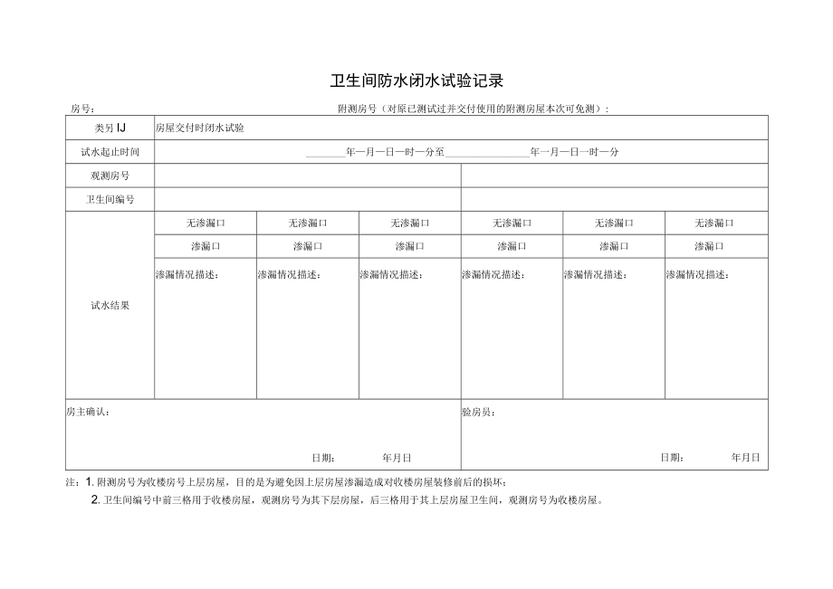 卫生间防水闭水试验记录表.docx_第1页