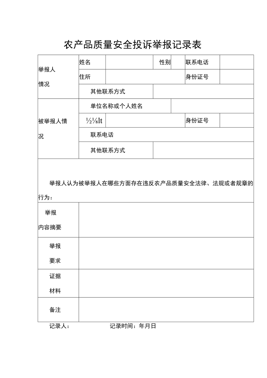 农产品质量安全投诉举报记录表 .docx_第1页