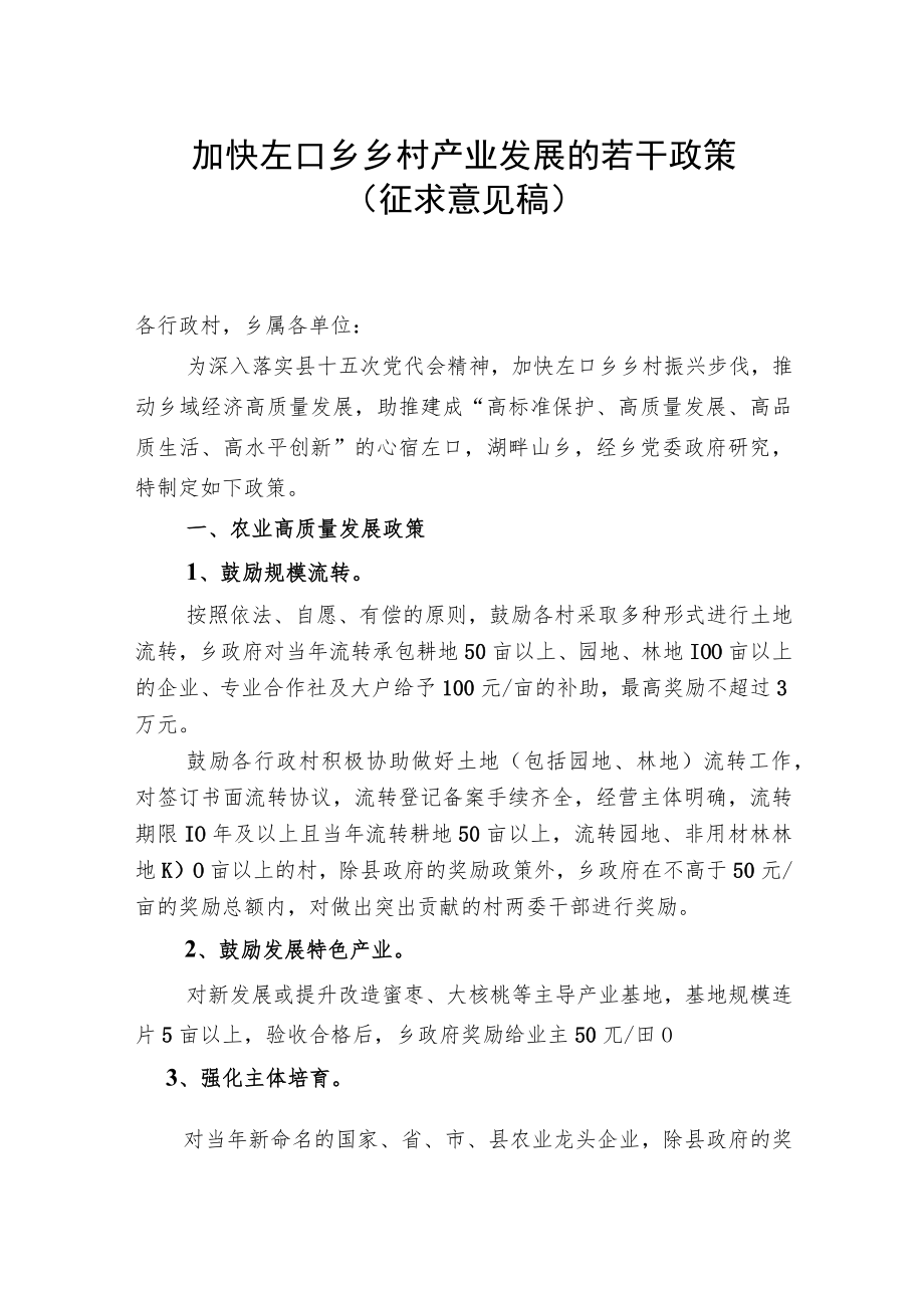 加快左口乡乡村产业发展的若干政策.docx_第1页