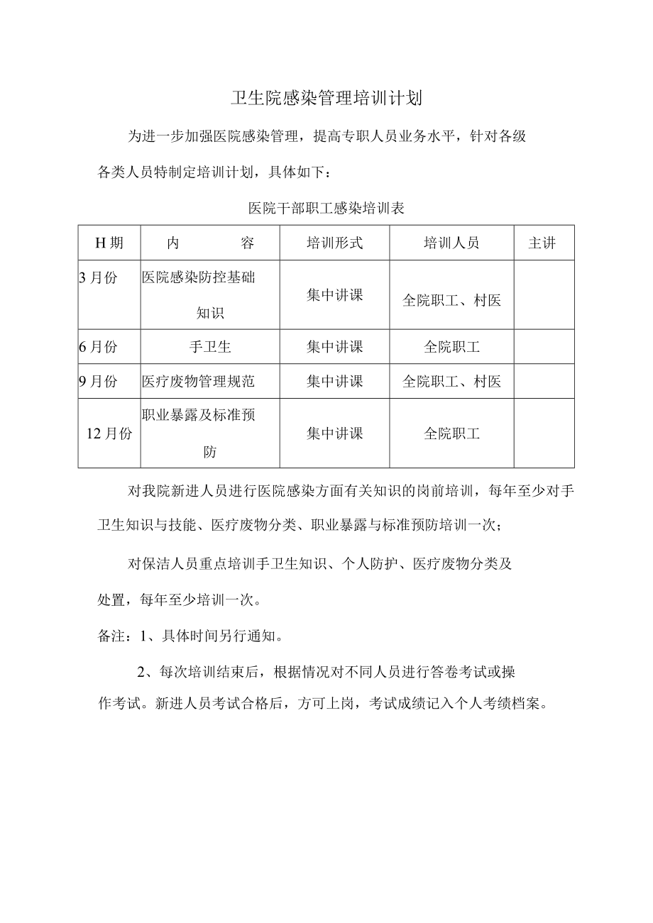 医院感染培训计划.docx_第1页