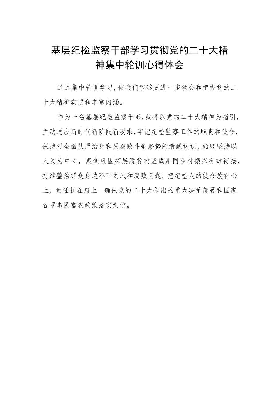 基层纪检监察干部学习贯彻党的二十大精神集中轮训心得体会.docx_第1页