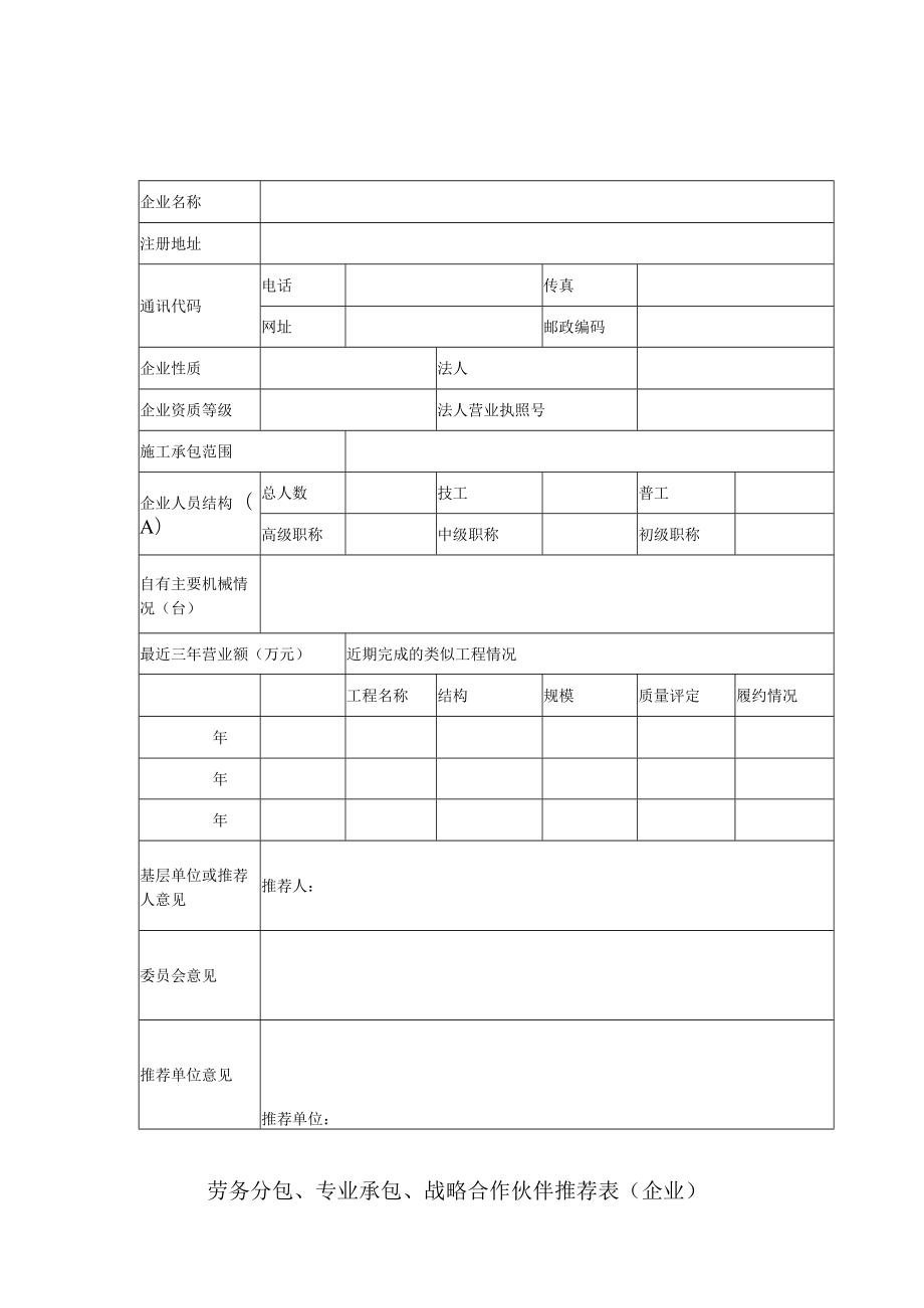 劳务分包、专业承包、战略合作伙伴推荐表（企业）.docx_第1页