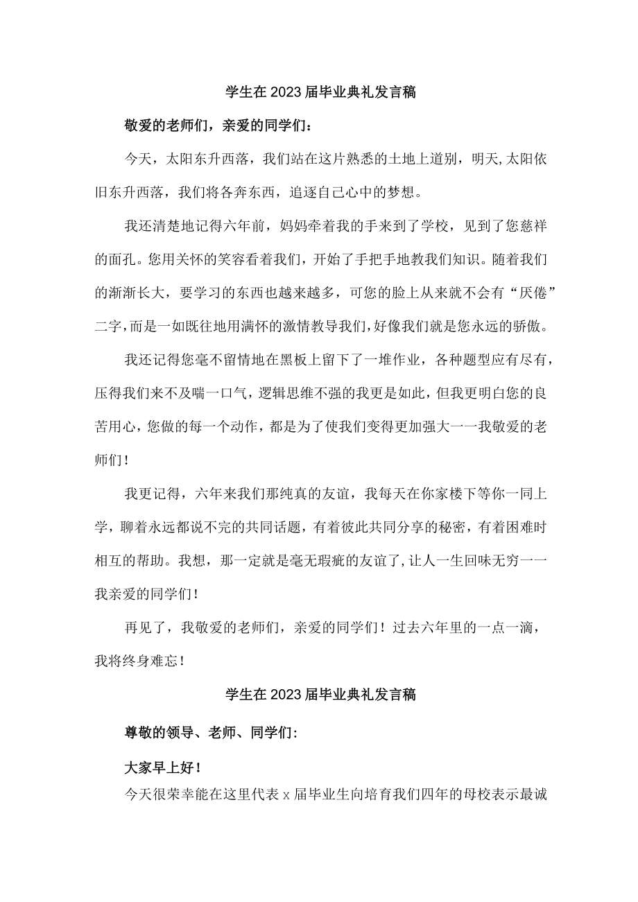 大学生在2023届毕业生典礼发言稿合计4份.docx_第1页