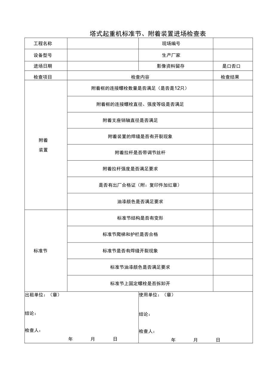 塔式起重机标准节、附着装置进场检查表.docx_第1页