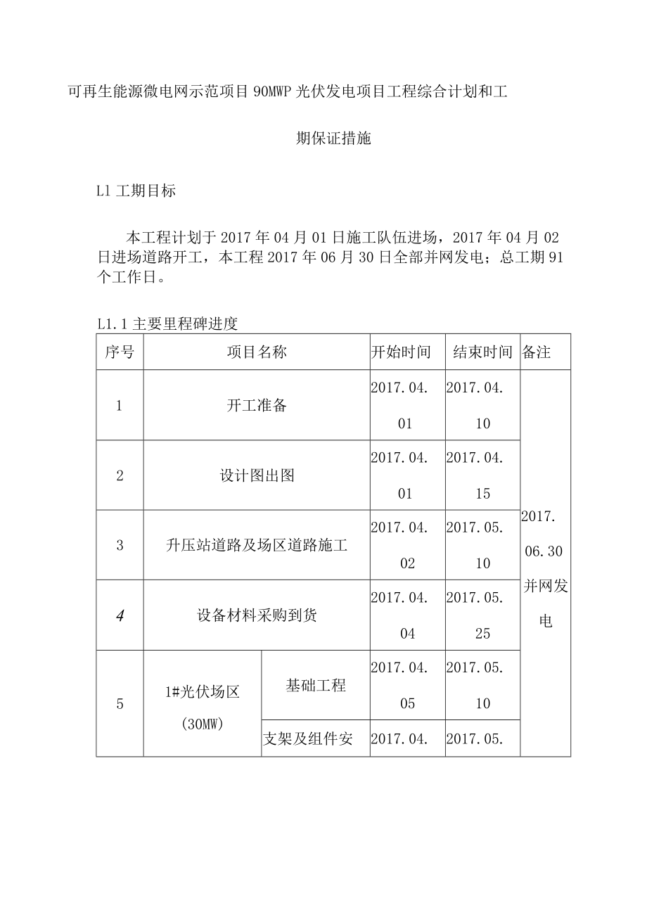 可再生能源微电网示范项目90MWp光伏发电项目工程综合计划和工期保证措施.docx_第1页