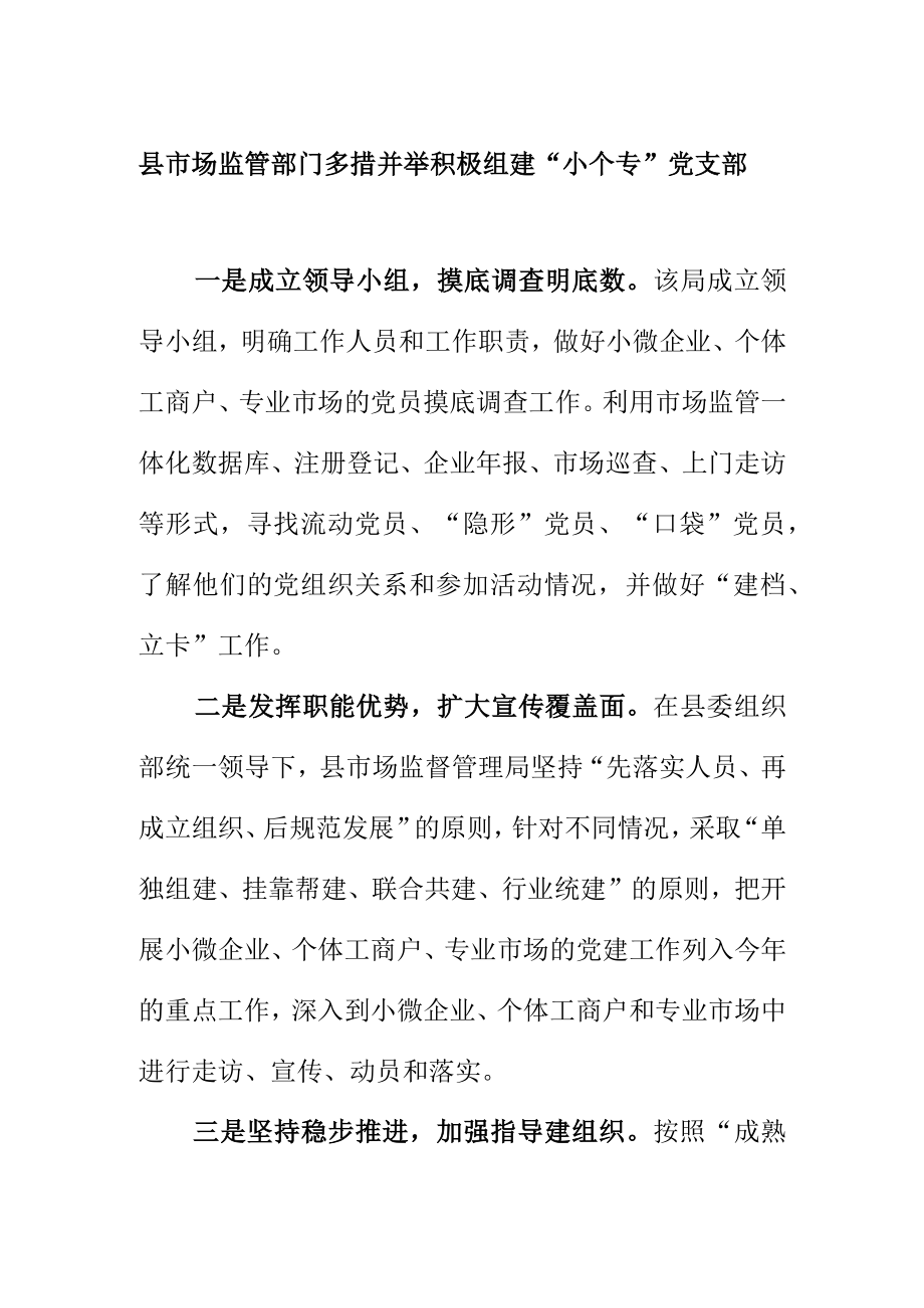 县市场监管部门多措并举积极组建“小个专”党支部.docx_第1页