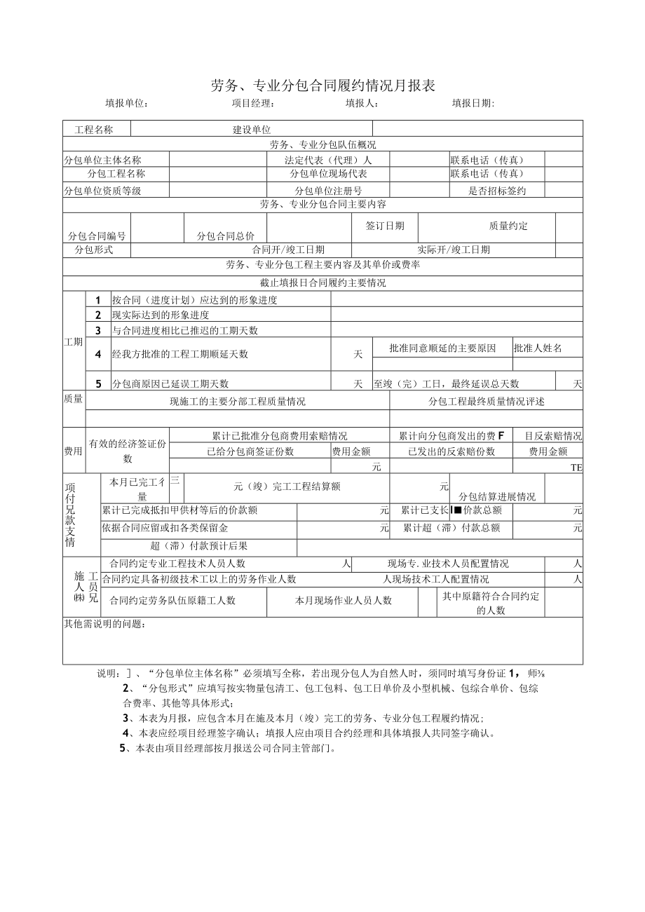 劳务、专业分包合同履约情况月报表.docx_第1页