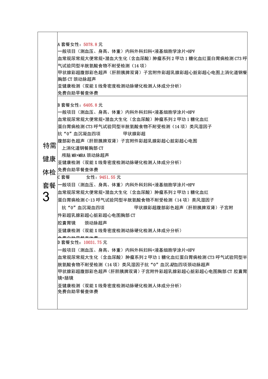 医院特需健康体检套餐表（女）.docx_第1页