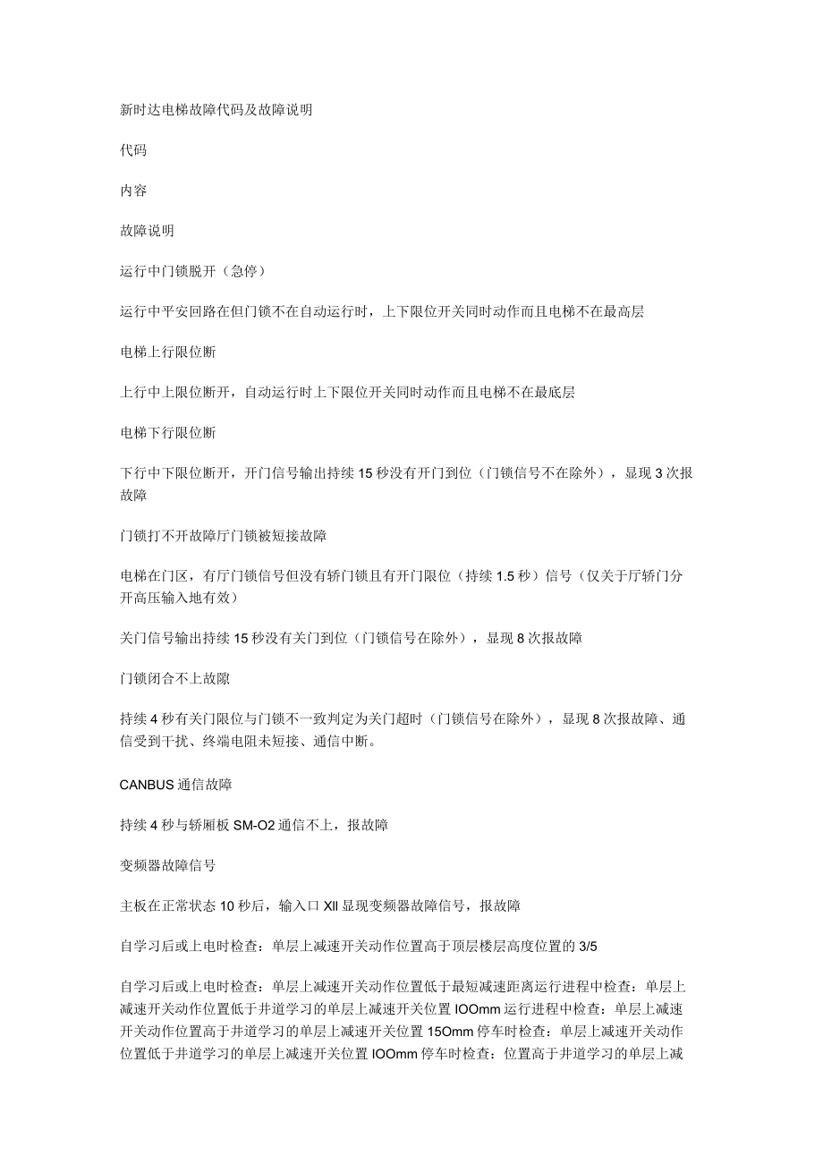 新时达电梯故障问题代码及故障问题说明.docx_第1页