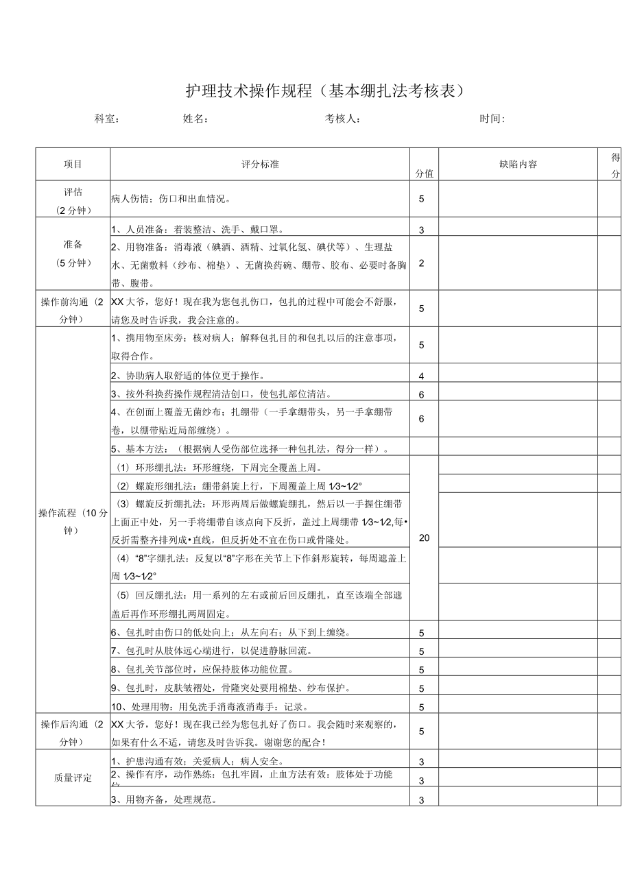 护理技术操作规程（基本绷扎法考核表）.docx_第1页