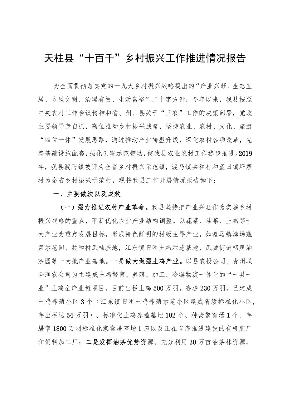 天柱县“十百千”乡村振兴工作推进情况报告.docx_第1页