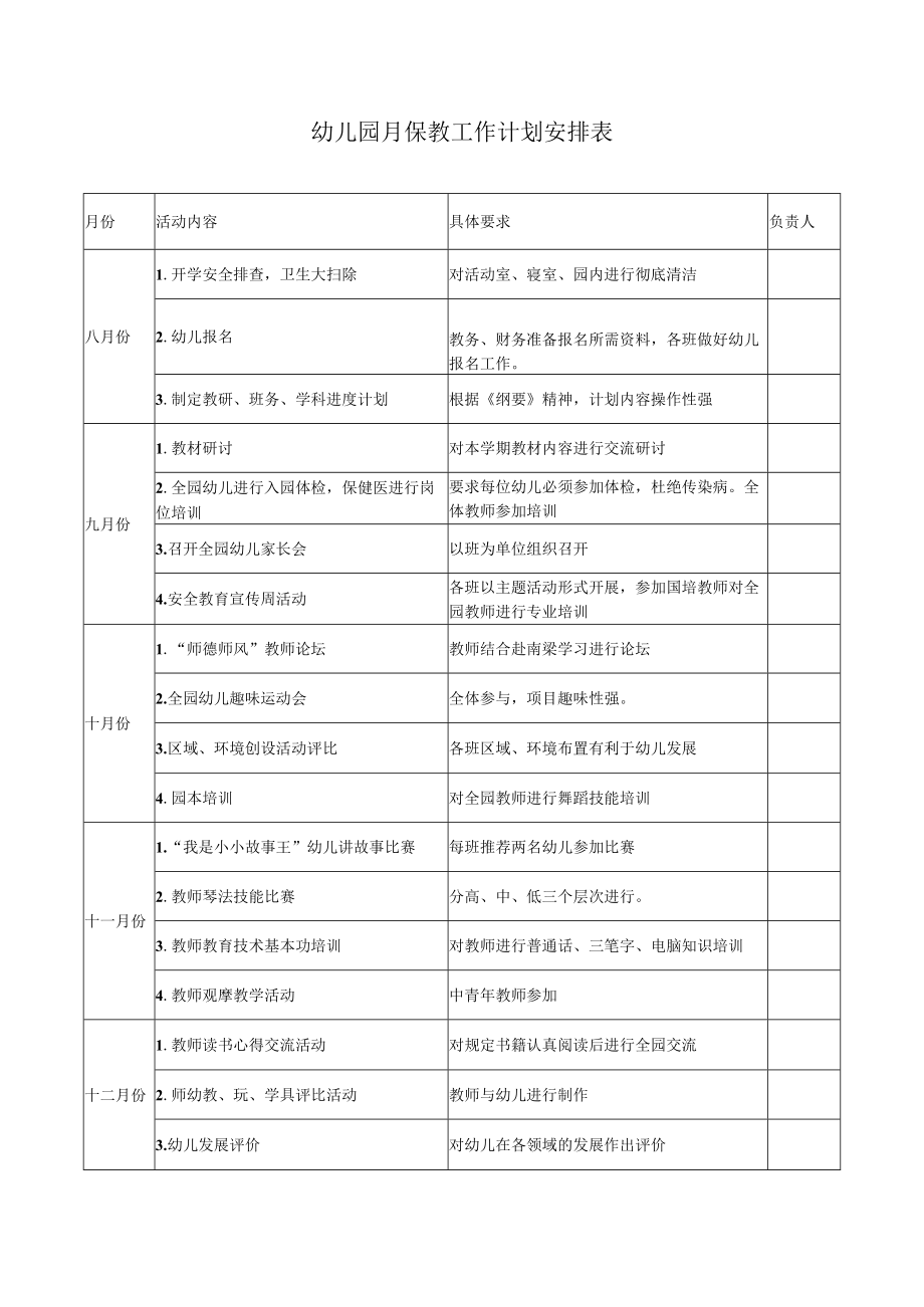 幼儿园月保教工作计划安排表及保教计划.docx_第1页