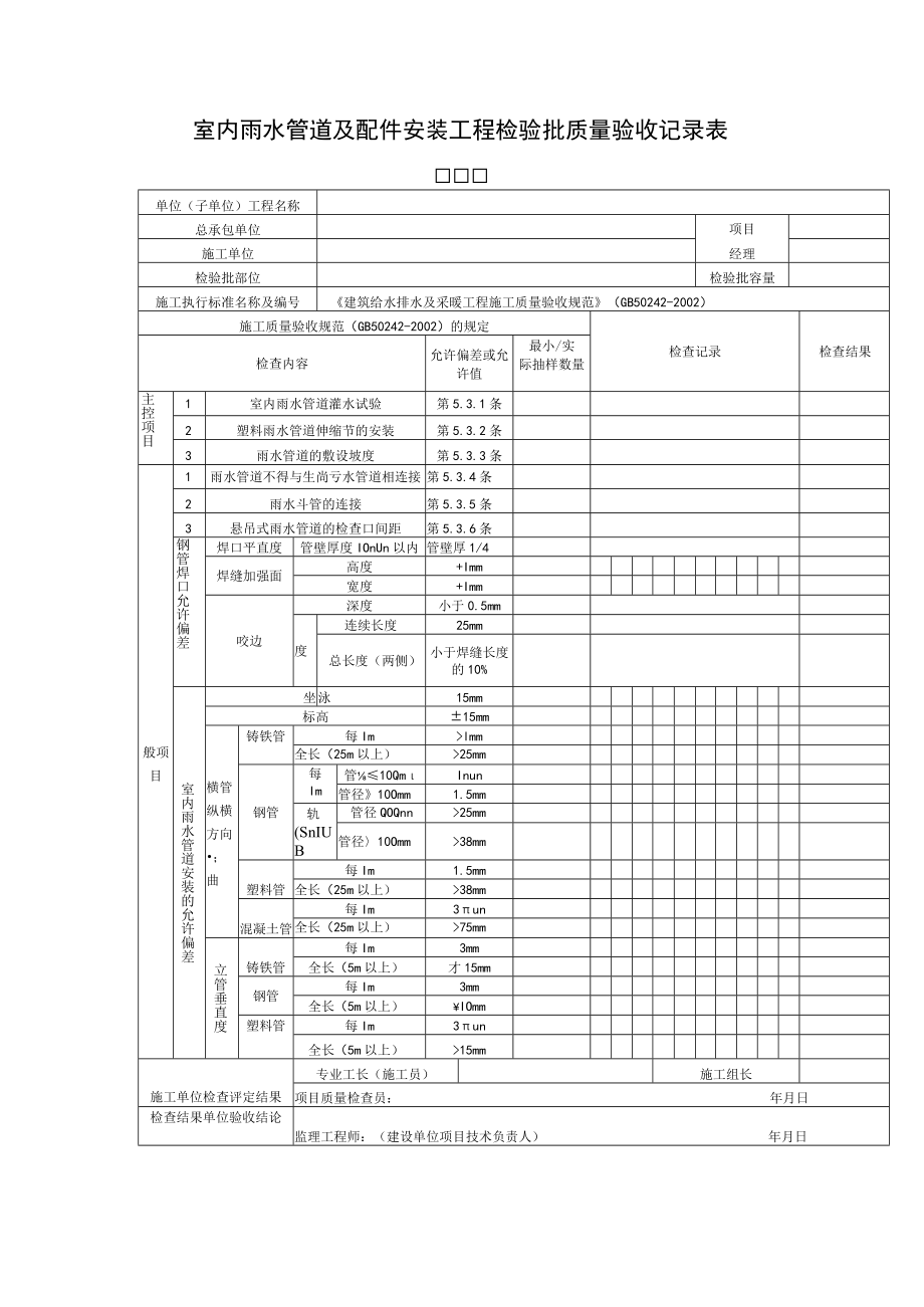 室内雨水管道及配件安装工程检验批质量验收记录表.docx_第1页