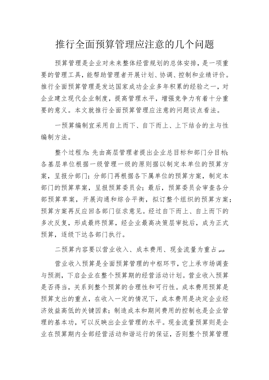 推行全面预算管理应注意的几个问题.docx_第1页