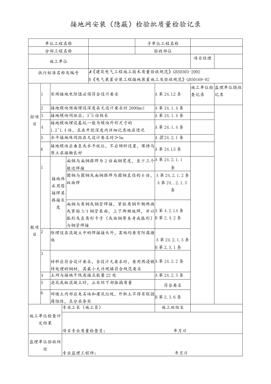 接地网安装（隐蔽）检验批质量检验记录.docx_第1页