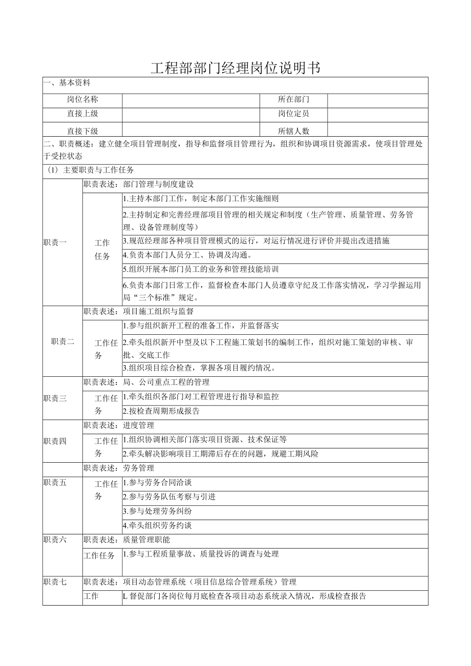 工程部部门经理岗位说明书.docx_第1页