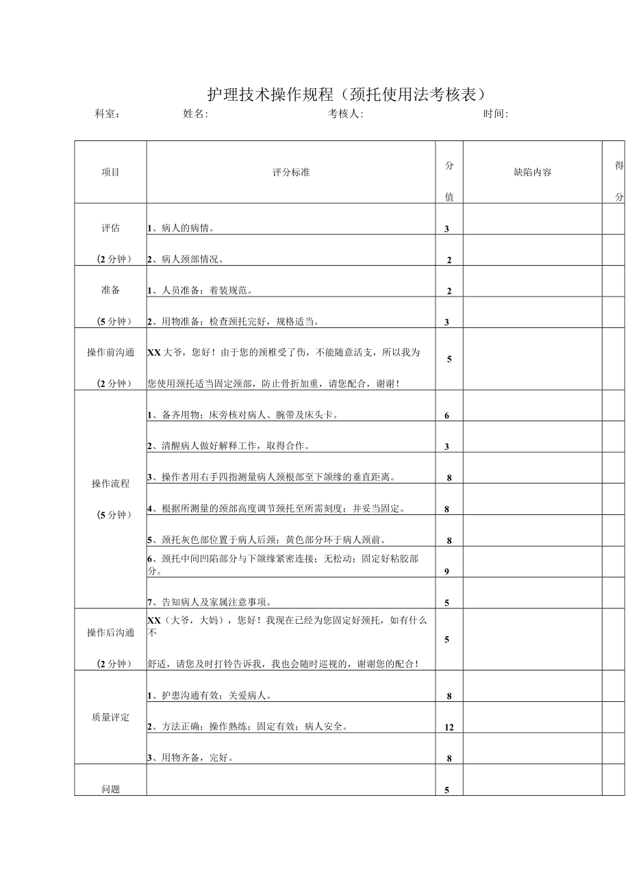 护理技术操作规程（颈托使用法考核表）.docx_第1页