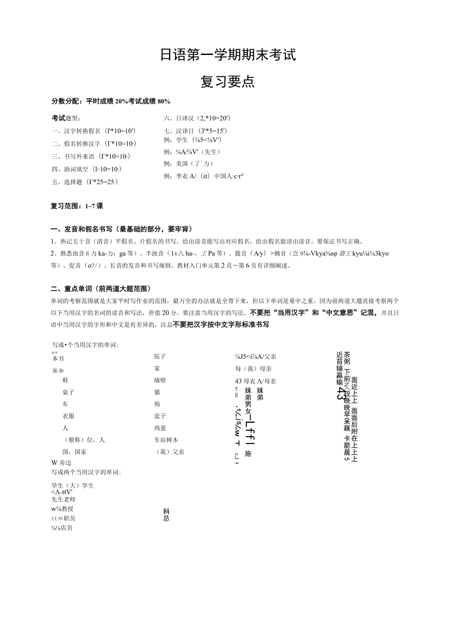 日语第一学期期末考试复习要点复习资料重点.docx_第1页