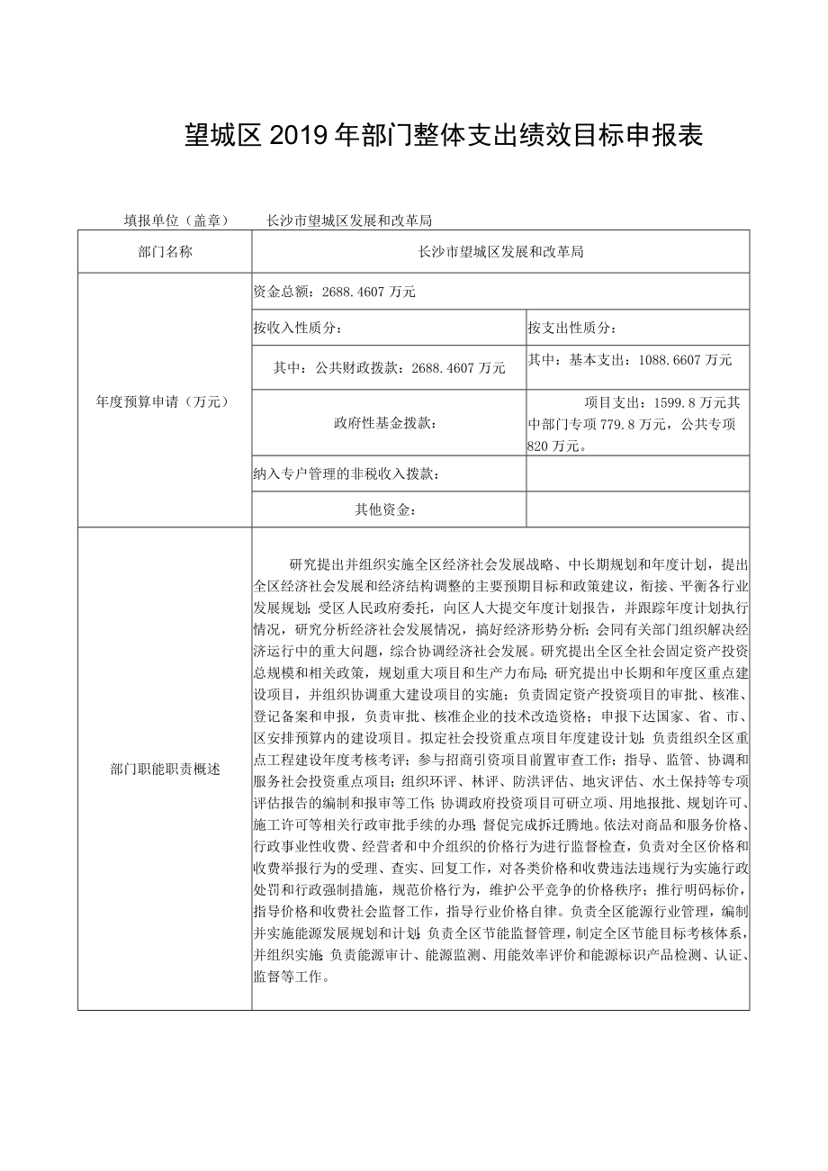 望城区2019年部门整体支出绩效目标申报表.docx_第1页