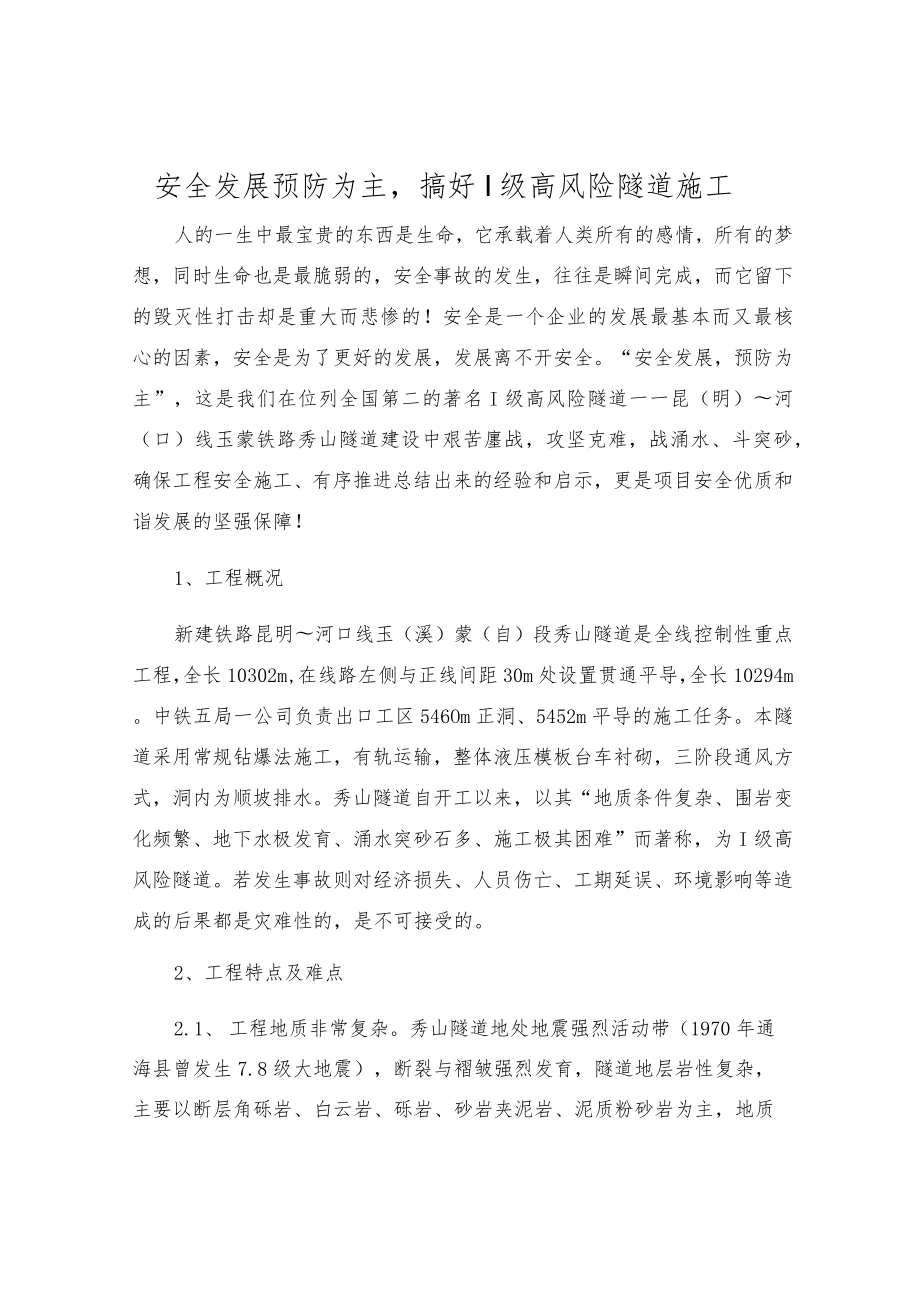 安全发展预防为主搞好I级高风险隧道施工.docx_第1页