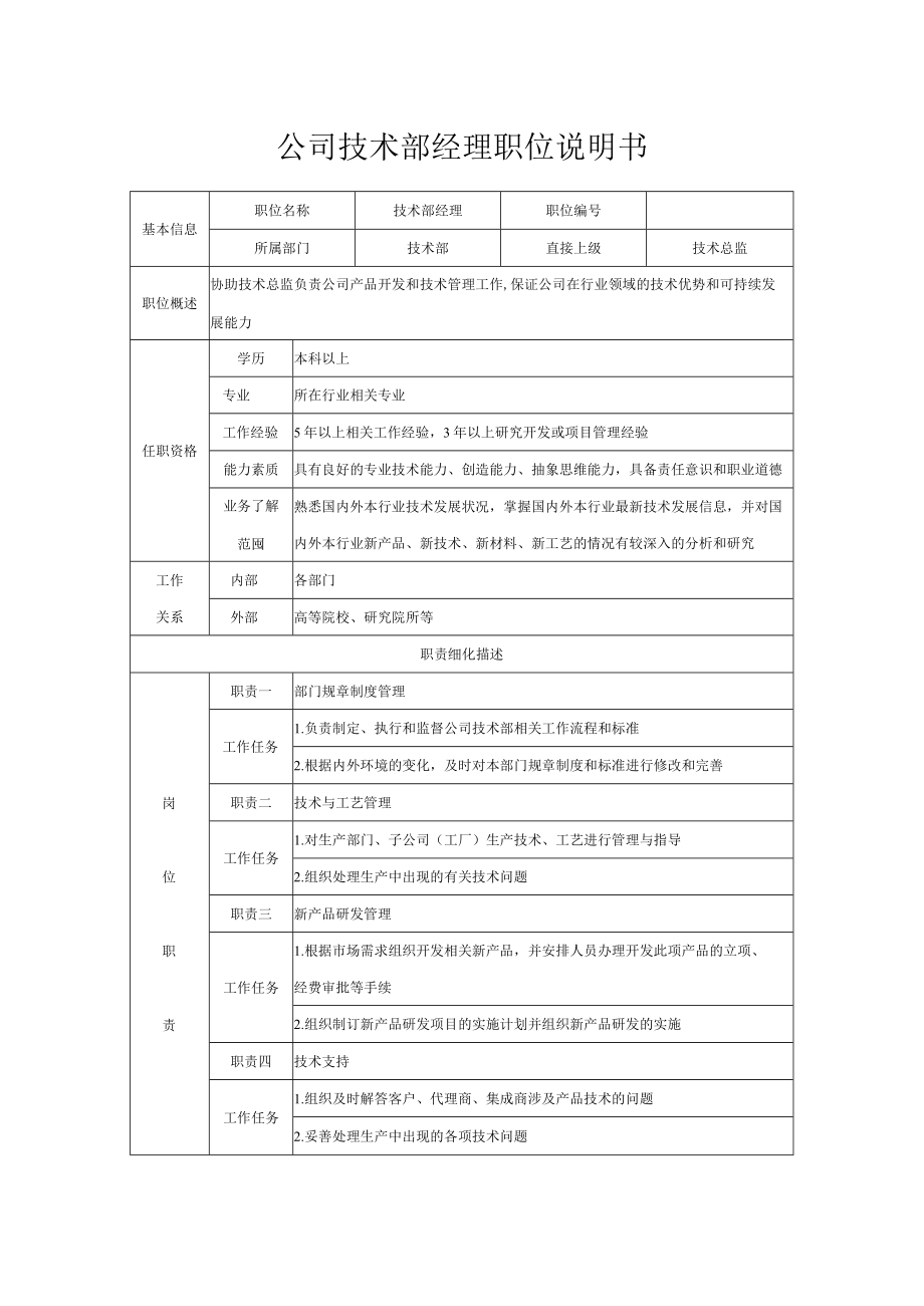 公司技术部经理职位说明书.docx_第1页