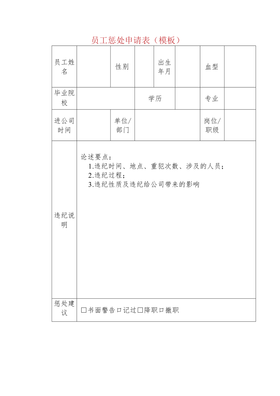 员工惩处申请表（模板）.docx_第1页