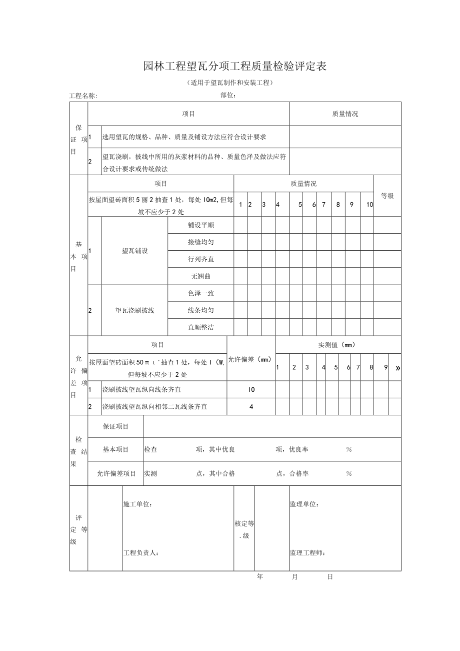 园林工程望瓦分项工程质量检验评定表.docx_第1页